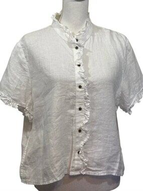 J. Crew Cropped Linen Button Down Blouse with Ruffle Trim